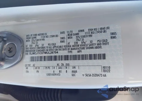 2021 Lincoln Corsair z USA, uszkodzony, nr VIN 5LMCJ1C97MUL26704